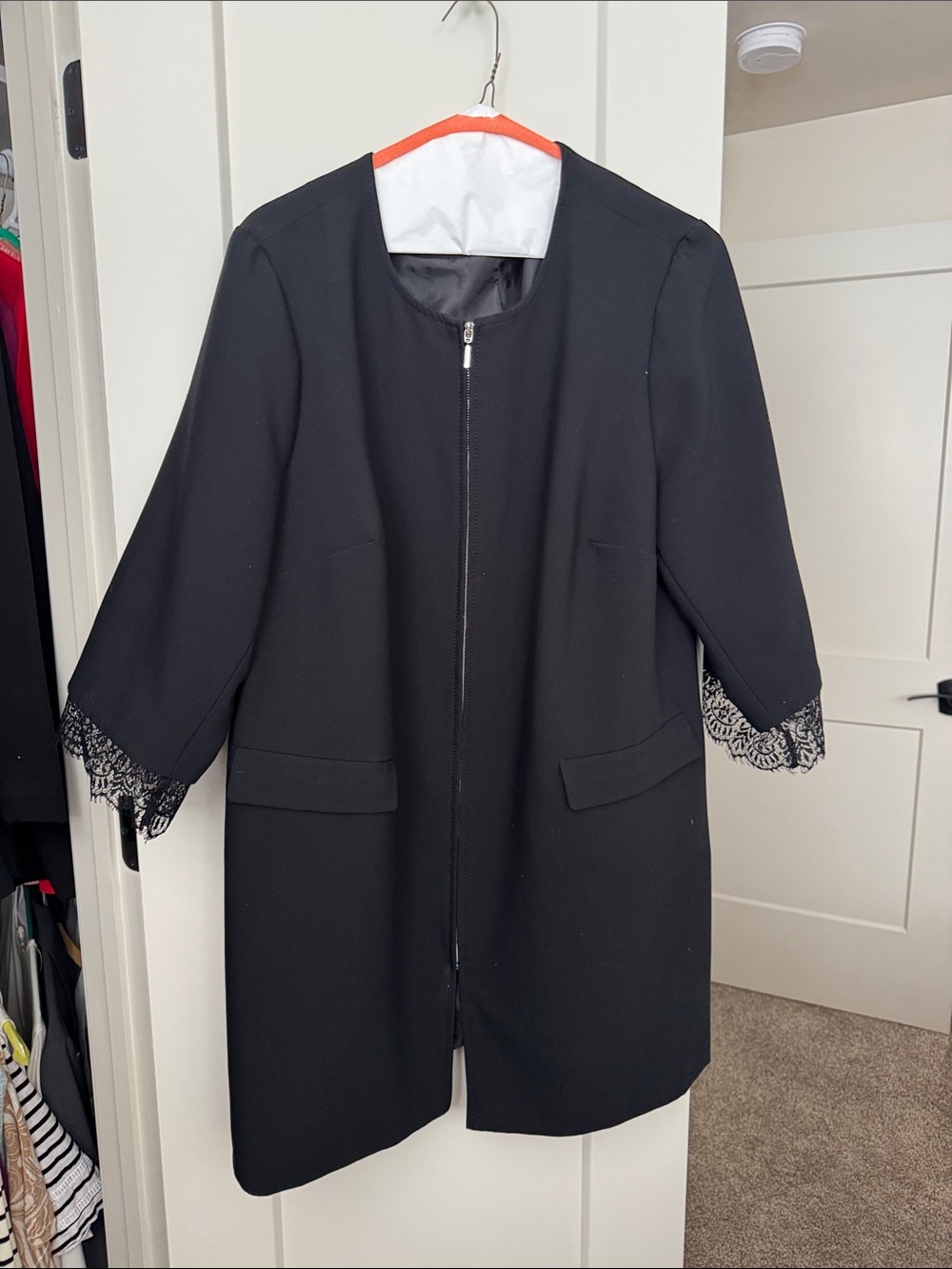 Alfani Black Zip-Front Coat with Lace Cuff Detail